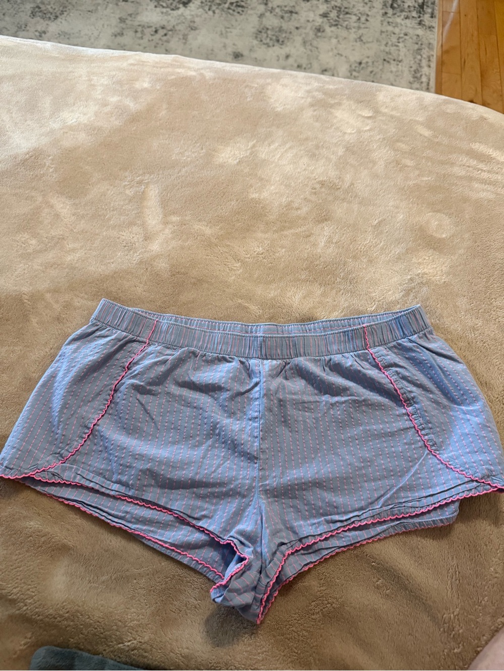 Victoria's Secret Light Blue Pinstripe Sleep Shorts with Pink Trim